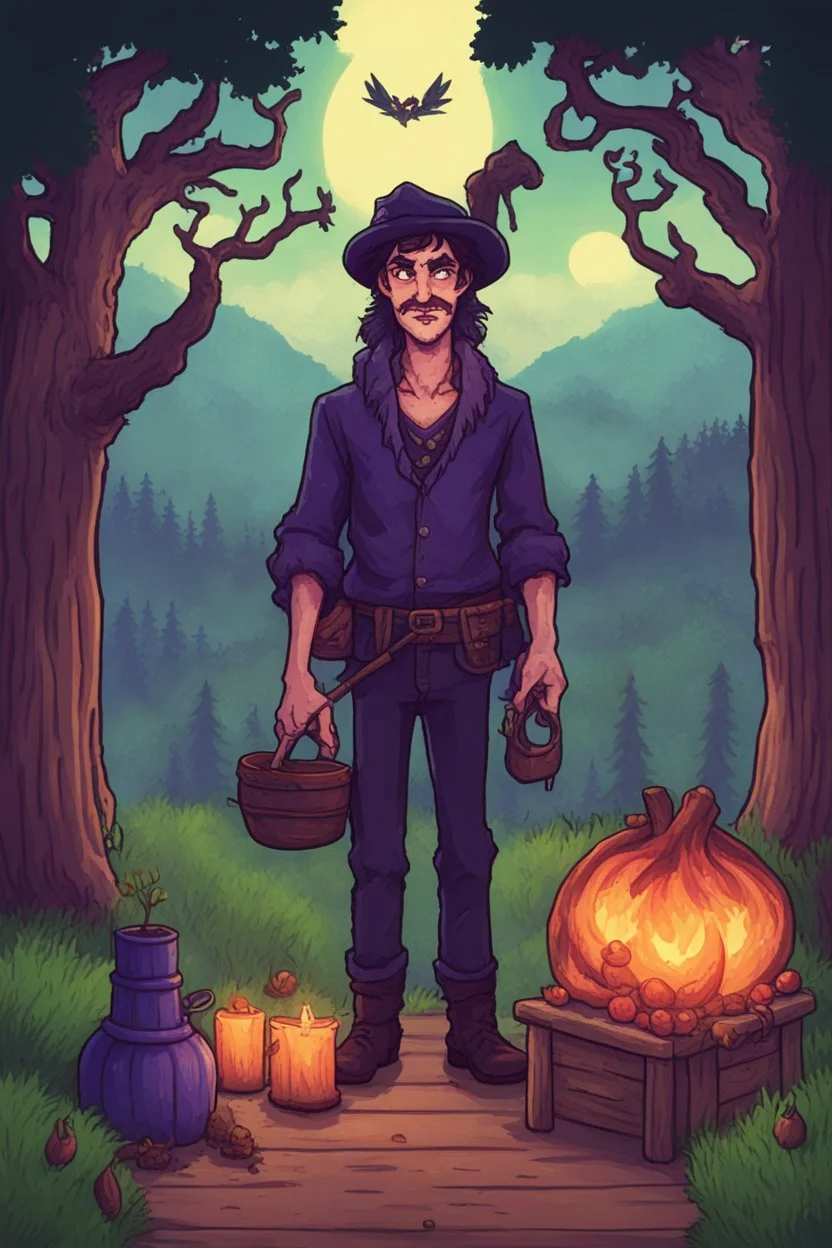 A man cursed by a witch's curse, stardew, valley style