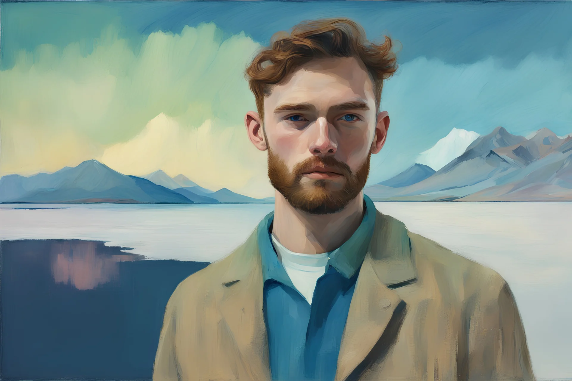 Euan Uglow oil impasto painting high quality double-exposure photo handsome young beard ACTOR, wears Joe Casely-Hayford hipster fashion, artistically blended with a Icelandic Dawn Aurora Borealis mountain beach landscape, austrian symbolism, double exposure, (illusion:1.2), mixture, (blue background:1.2), foreground clouds, (digital art:1.3), make up, impasto art style