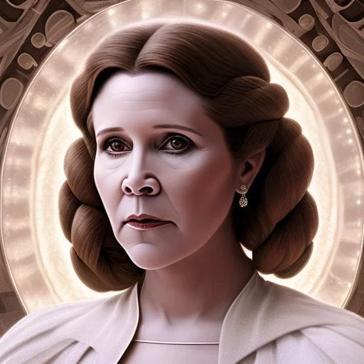 hyperspace background, complete and photo realistic detailed head to waist stunning photo realistic portrait of carrie fisher as Princess Leia in star wars with photo realistic updo hair by Mandy Jurgens and mucha and Richard Schmid and chuck close and chie yoshii, extraordinary and detailed ceremony dress of star wars,brown eyes