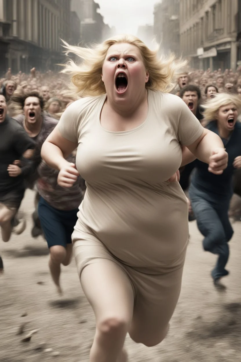 an obese terrified blonde woman running away from an angry mob of hundreds chasing behind her