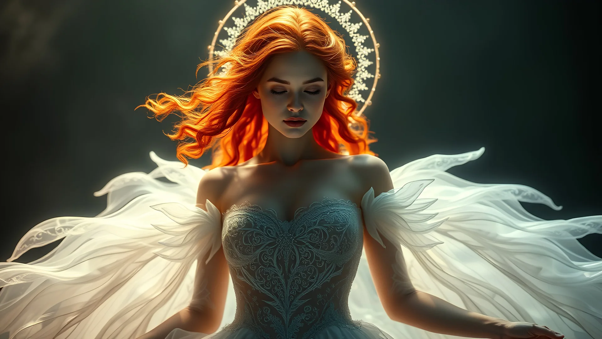 Photoreal ultra godlike stern but gorgeous and beautiful, radiant goddess of love and beauty with red wavy hair dressed in an intricate transparant white fantasy gown hovering in the darkness surrounded by a halo of light, otherworldly creature, in the style of fantasy movies, shot on Hasselblad h6d-400c, zeiss prime lens, bokeh like f/0.8, tilt-shift lens 8k, high detail, smooth render, unreal engine 5, cinema 4d, HDR, dust effect, vivid colors