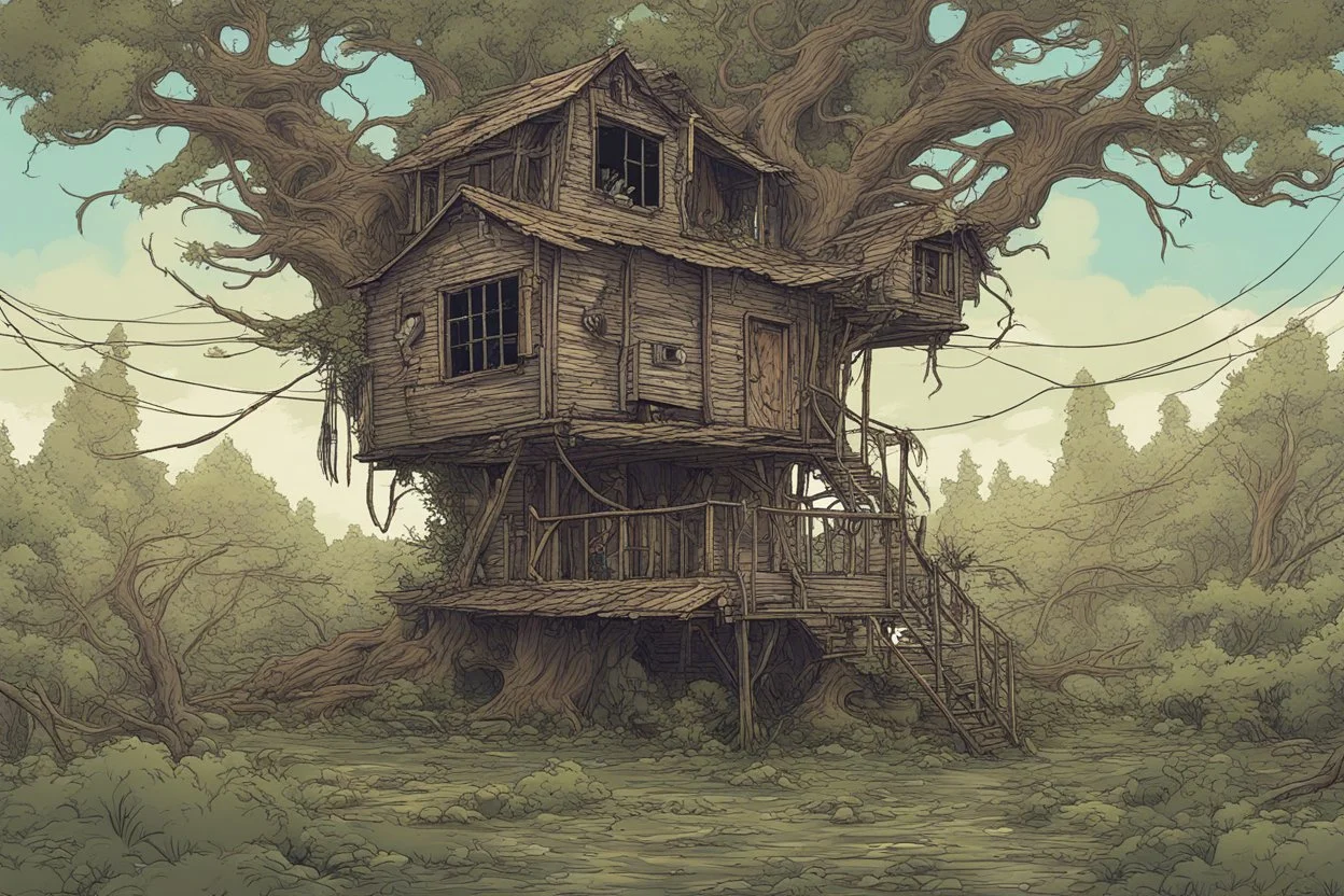tree house , overgrown apocalyptic background, comic book,