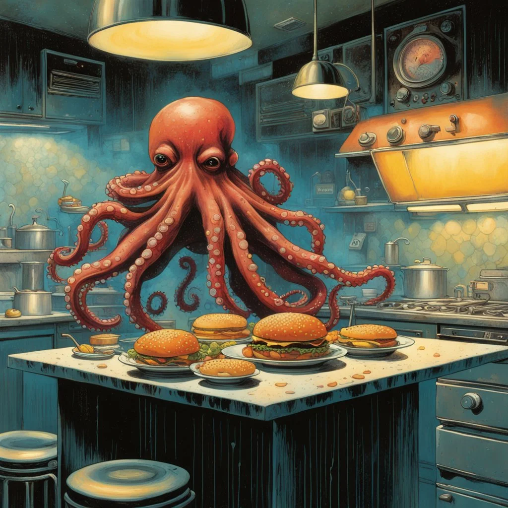 Surreal Octopus as a short order cook in a greasy spoon diner kitchen, hamburgers, fries, hot stove, by Dave McKean, by Tim White, by Aaron Brooks, modern comic book art, maximalist, palpable textures, distressing hues, McKean's distinctive visceral style, detailed line work, rich sharp colors.