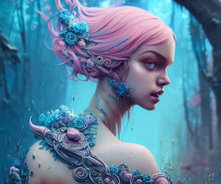 Insanely detailed photography of head and shoulder or a young beautiful woman, intricate and hyper detailed painting by Ismail Inceoglu Anna Dittmann and Alexander Fedosov CGSociety ZBrush Central fantasy art album cover art 4K 64 megapixels 8K resolution HDR. Background garden, water, blue, pink