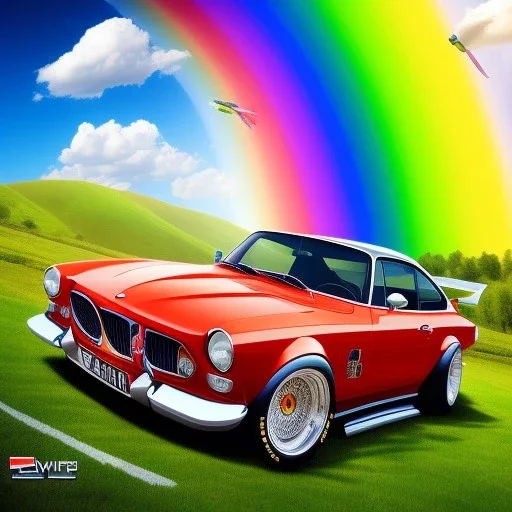 car running above the rainbow