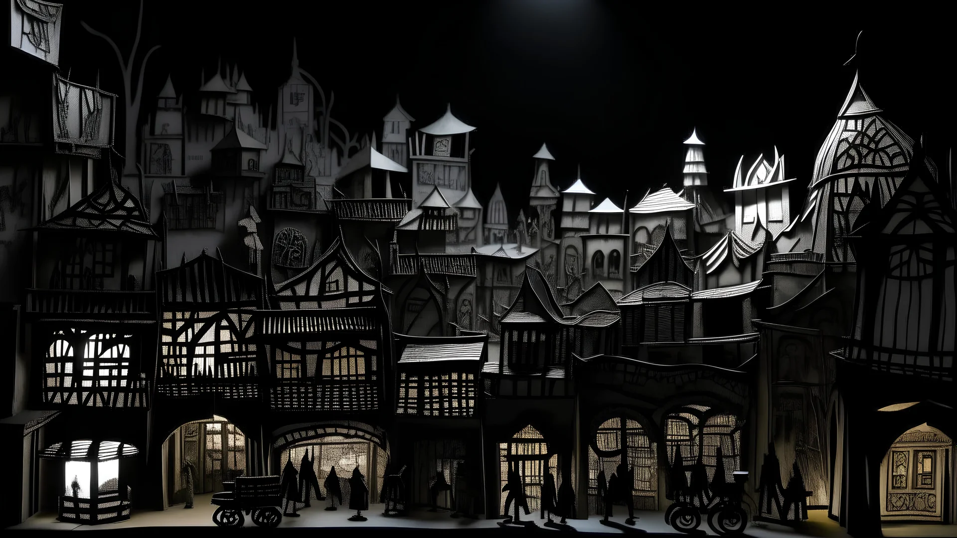 A gray city at night made out of metal designed in Javanese shadow puppets