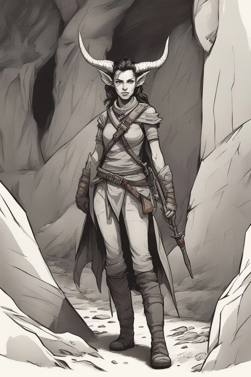 A DnD character. A female horned Tiefling ranger with pointy ears standing in a cave. The Tiefling has a little pterosaurs on her shoulder and a rapier in her hand.