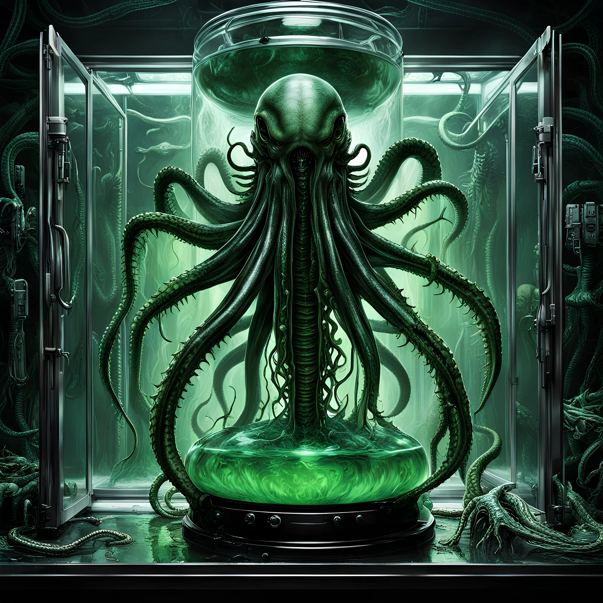 Glass vat holding a fantastical lovecraftian xenomorphic tentacled creature in greenish viscous liquid, Cinematic sci-fi movie still of a dystopian abandoned lab, art from beyond, dramatic, poster art masterpiece, silver and black and green color scheme, by Jakub Rozalski and H.R. Giger and John Cassaday and Peter Gric, hyperreal