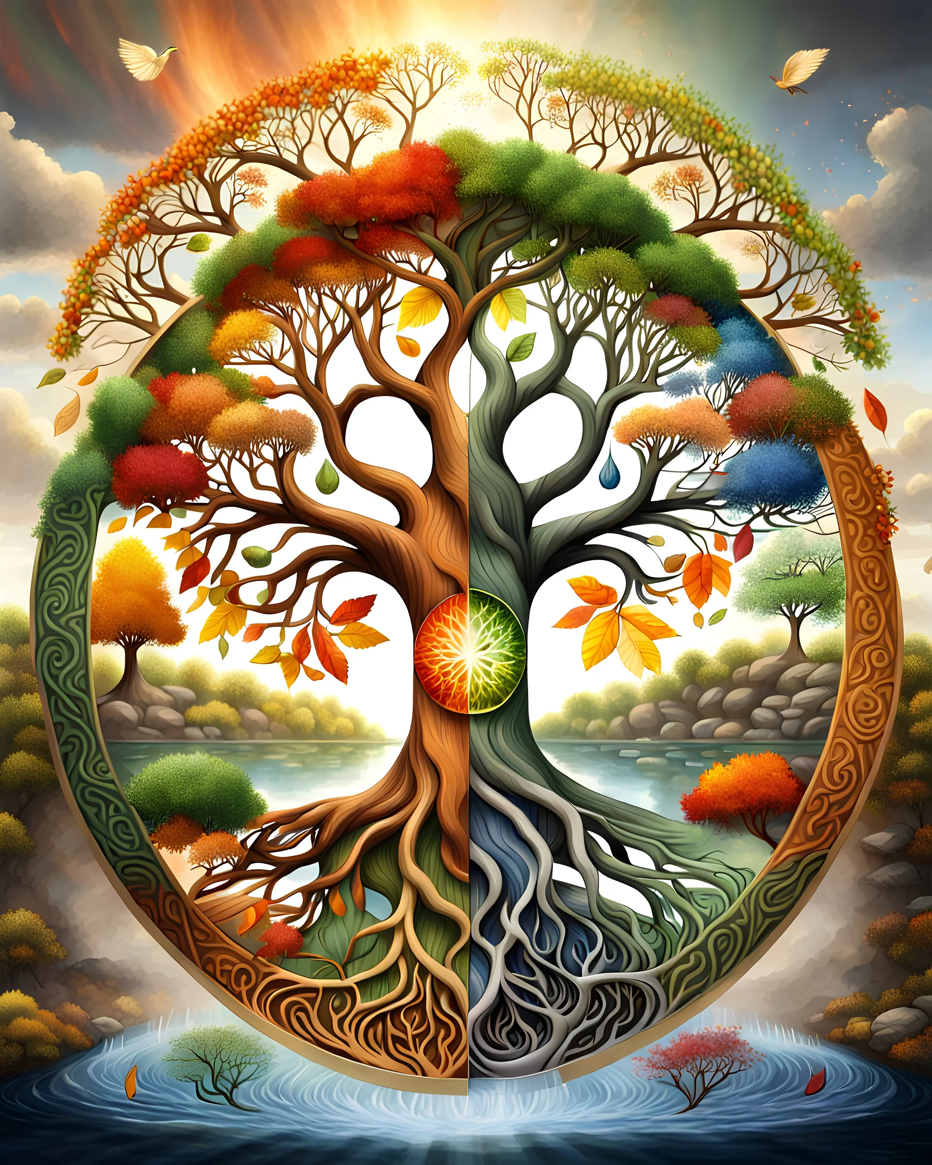 The tree of life consists of four seasons: spring, summer, autumn, winter, along with light, water, fire, wind, and soil