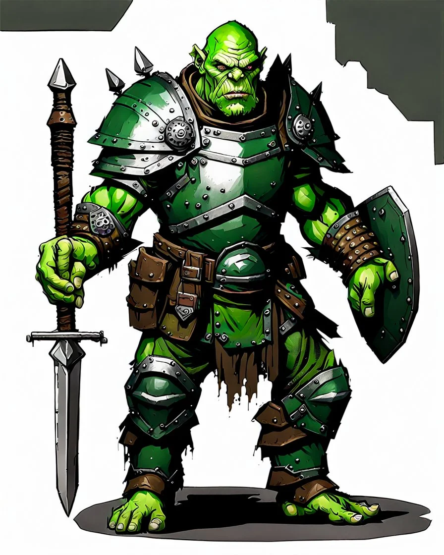 tabletop RPG ORC MALE WARRIOR IN STEEL ARMOR Evil rpg art no background green