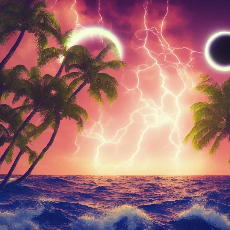 1980's vaporwave aesthetic palm trees with lightning with solar eclipse in the ocean waves sunset