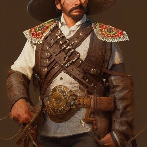 portrait,"Insanely detailed photograph of a male western mustachioed crossbowman", detailed charro, sequenced Sombrero, detailed held dagger, digital painting, artstation, concept art, sharp focus, illustration, art by artgerm and greg rutkowski and alphonse mucha, 8 k,fantasy, unreal engine