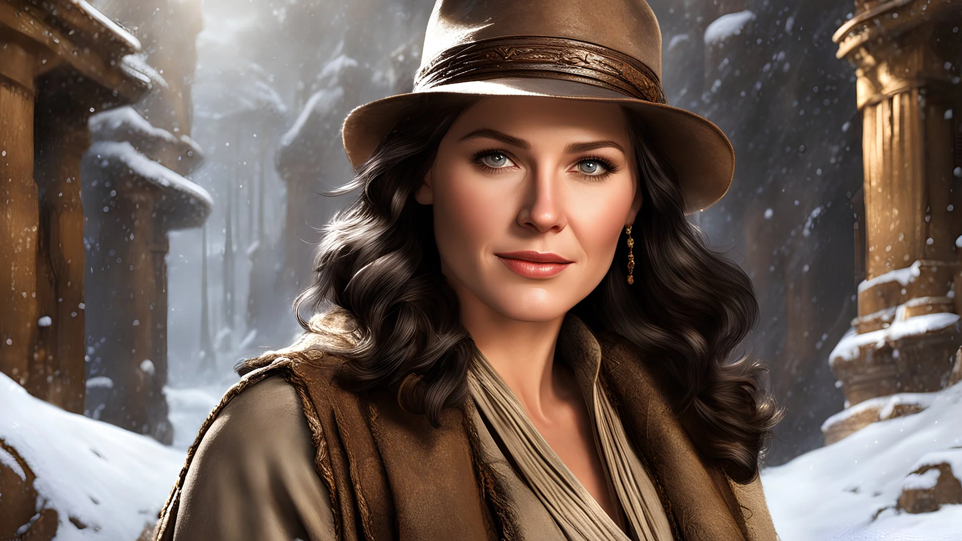 winter, (1Marion Ravenwood) from the movie Indiana Jones, (medium full shot), (sitting:1.1), diffuse lighting, fantasy, intricate, elegant, highly detailed, lifelike, photorealistic, digital painting, artstation, complex background