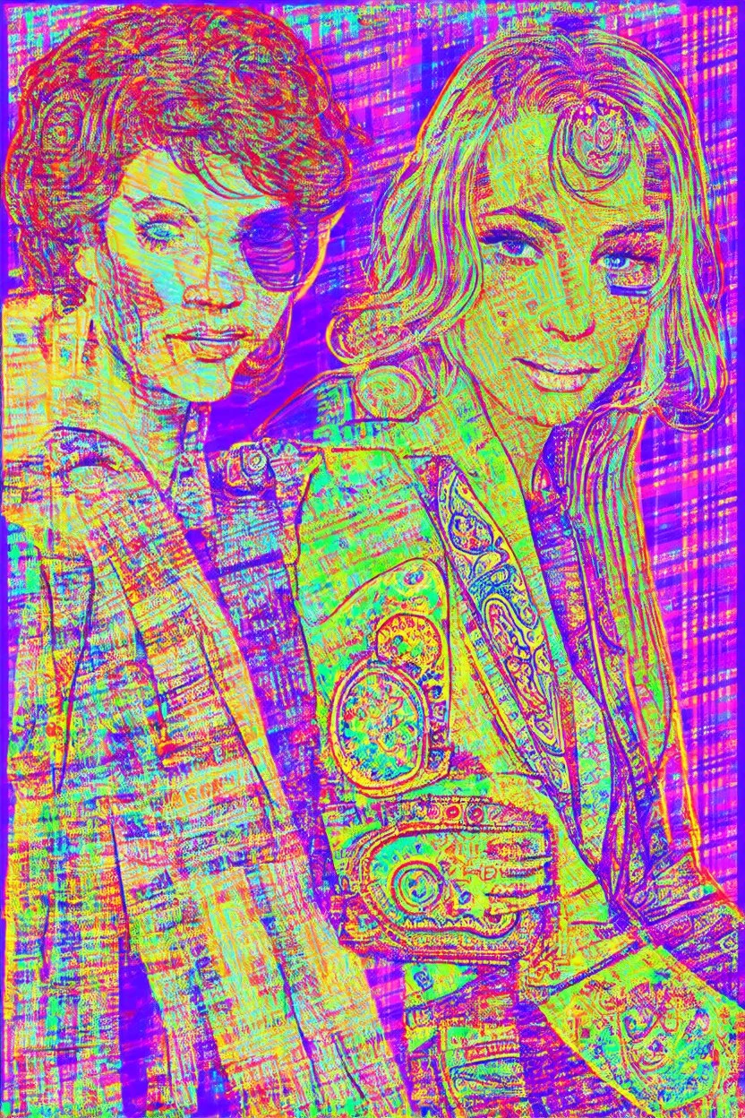 glitchy plaid and paisley outlines of people; Lowbrow post-modern pop art with a designer twist