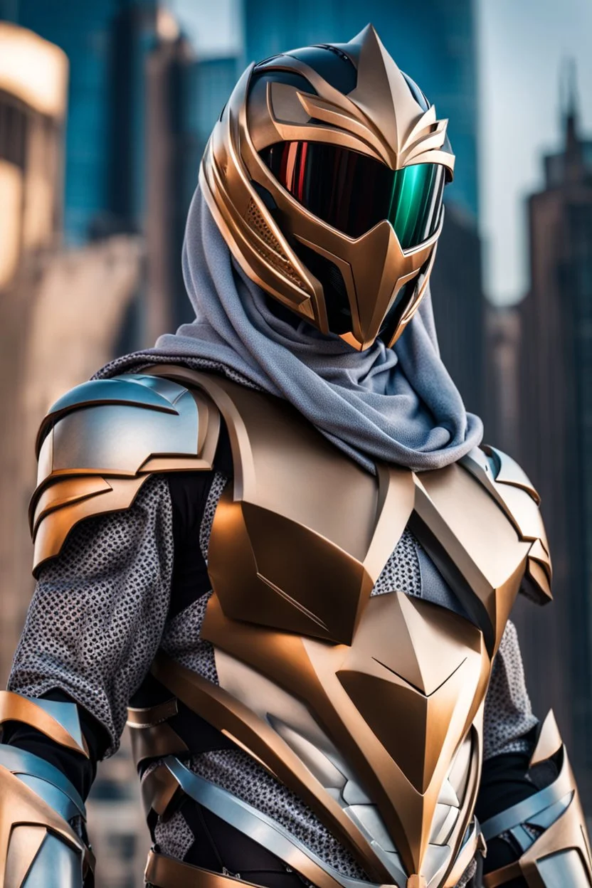 Arab power ranger Full Body,Full biomechanical Armored helmet,Wearing Face Mask Iron Masculine Mysterious Powerful Fantasy High Quality clothes,islamic city background