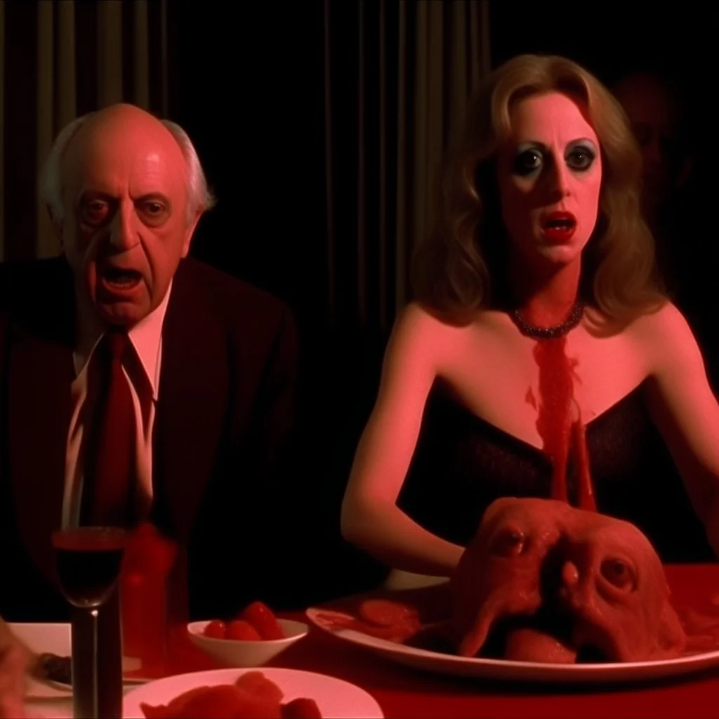 Movie shot, spooky, ultra realistic distress, dining, ultra realistic hot woman, pieces of meat, creepy, organic ail dynamic, anguish, excited woman, hypermaximalist figures, Creepy, Alfred Hitchcock, Sam Raimi, sinister, John Carpenter, Dario Argento, ornate