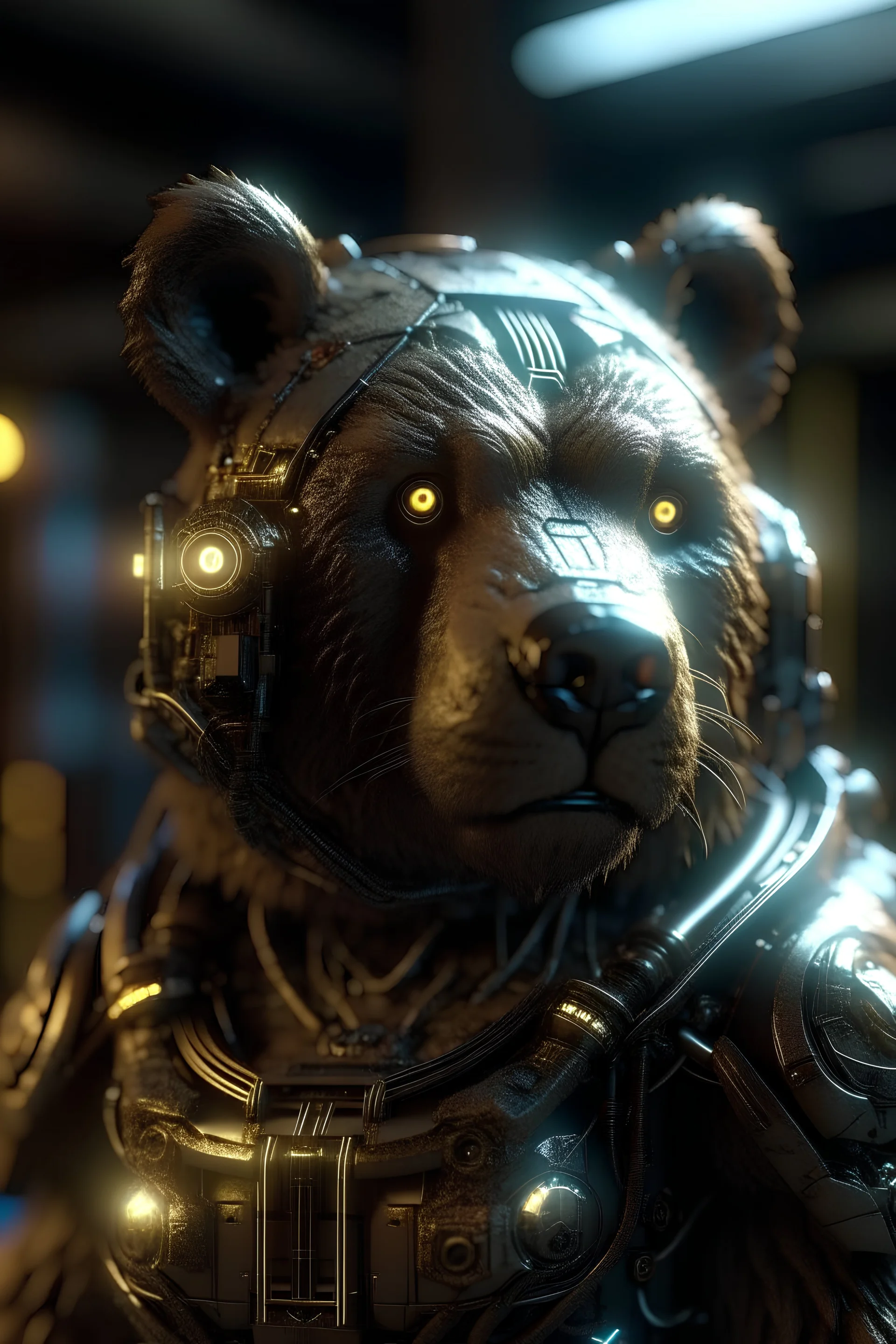 <@1084348956269621268> **((Cyborg bear)), nreal Engine,DOF,Super-Resolution, Megapixel, Cinematic Lightning, Anti-Aliasing, FKAA, TXAA, RTX, SSAO, Post Processing, Post Production, Tone Mapping, CGI, VFX, SFX, Insanely detailed and intricate, Hyper maximalist, Hyper realistic, Volumetric, Photorealistic, ultra photoreal, ultra-detailed, intricate details, 8K, Super detailed, Full color, Volumetric lightning, Realistic, UnrealEngine, surrealism full detail (FLS) Cinematic lighting Ray Tracing bes