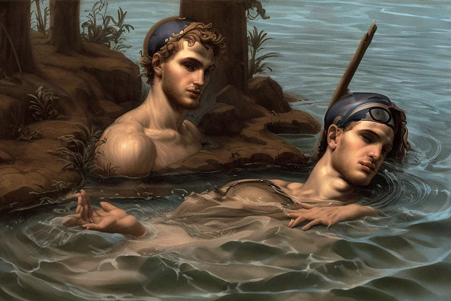 man in camo swim in deep water by andrea del sarto