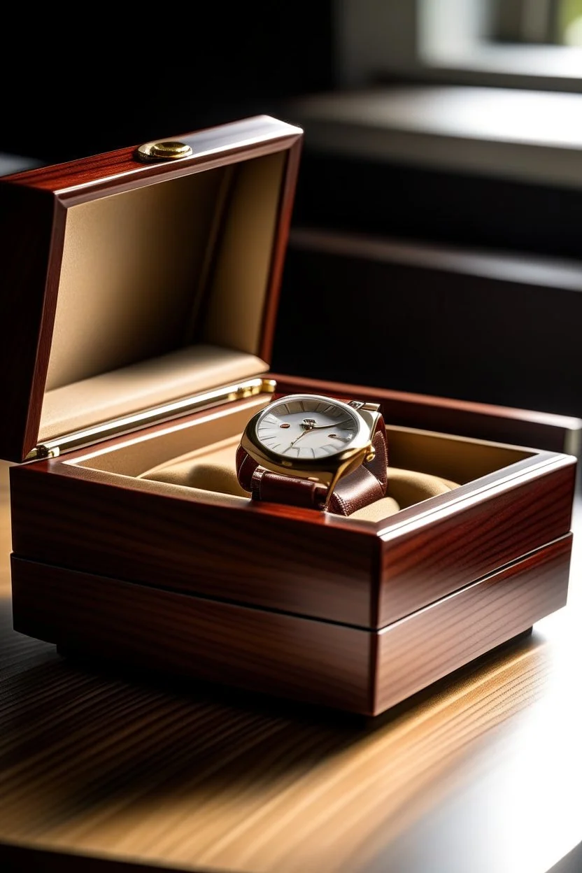 Generate an image of a single luxurious watch box set against a backdrop of soft, natural lighting. The box should feature a rich, mahogany wood finish with subtle, polished brass accents."