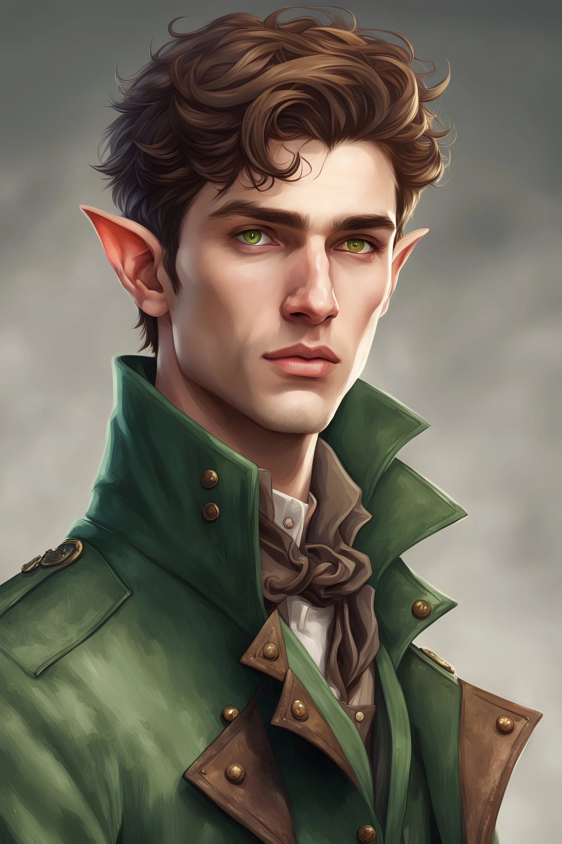 handsome elf man of twenty years old, with brown eyes, short brown hair, pointed ears, dressed in a steampunk style green trench coat.