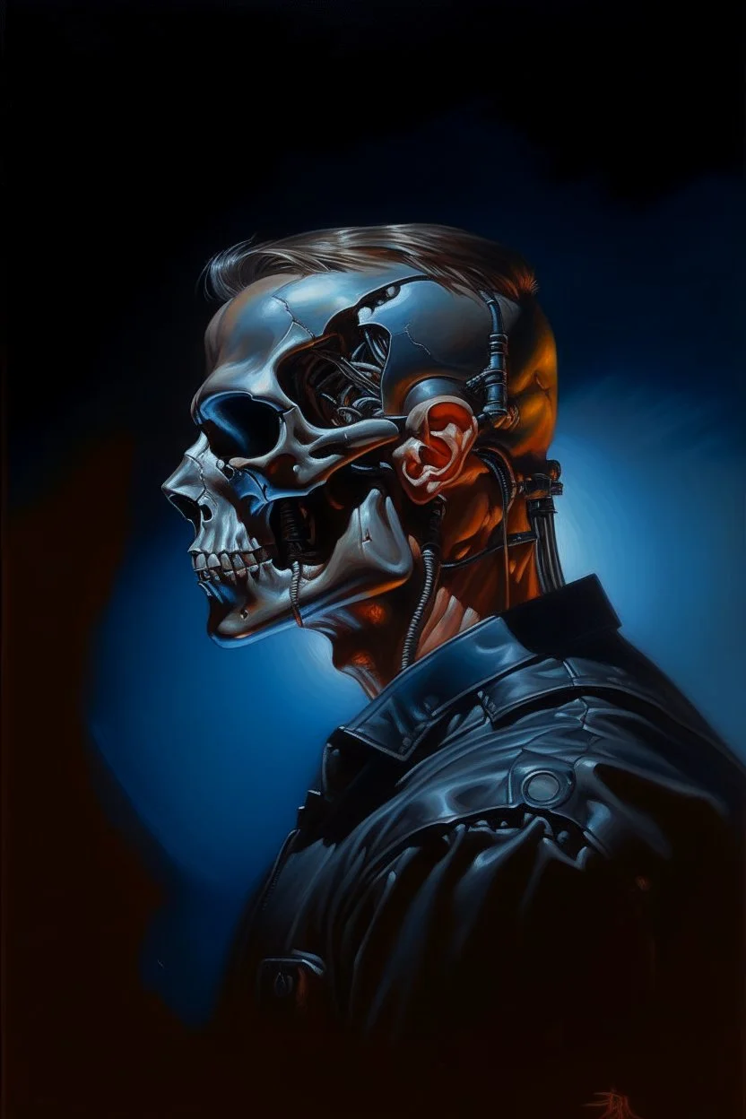 1970's dark fantasy cover dnd style oil painting of terminator with a glass brain in a minimalist far perspective.