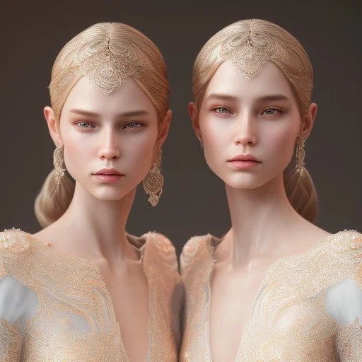 portrait of twin sisters, ultra-realistic, highly detailed, masterpiece, delicate detailed, sharp focus, insanely detailed, fantasy art, intricate detailed, elegant, fog, Special Lighting, Vibrant, color Scheme, forest, unreal engine 5, trending on artstation