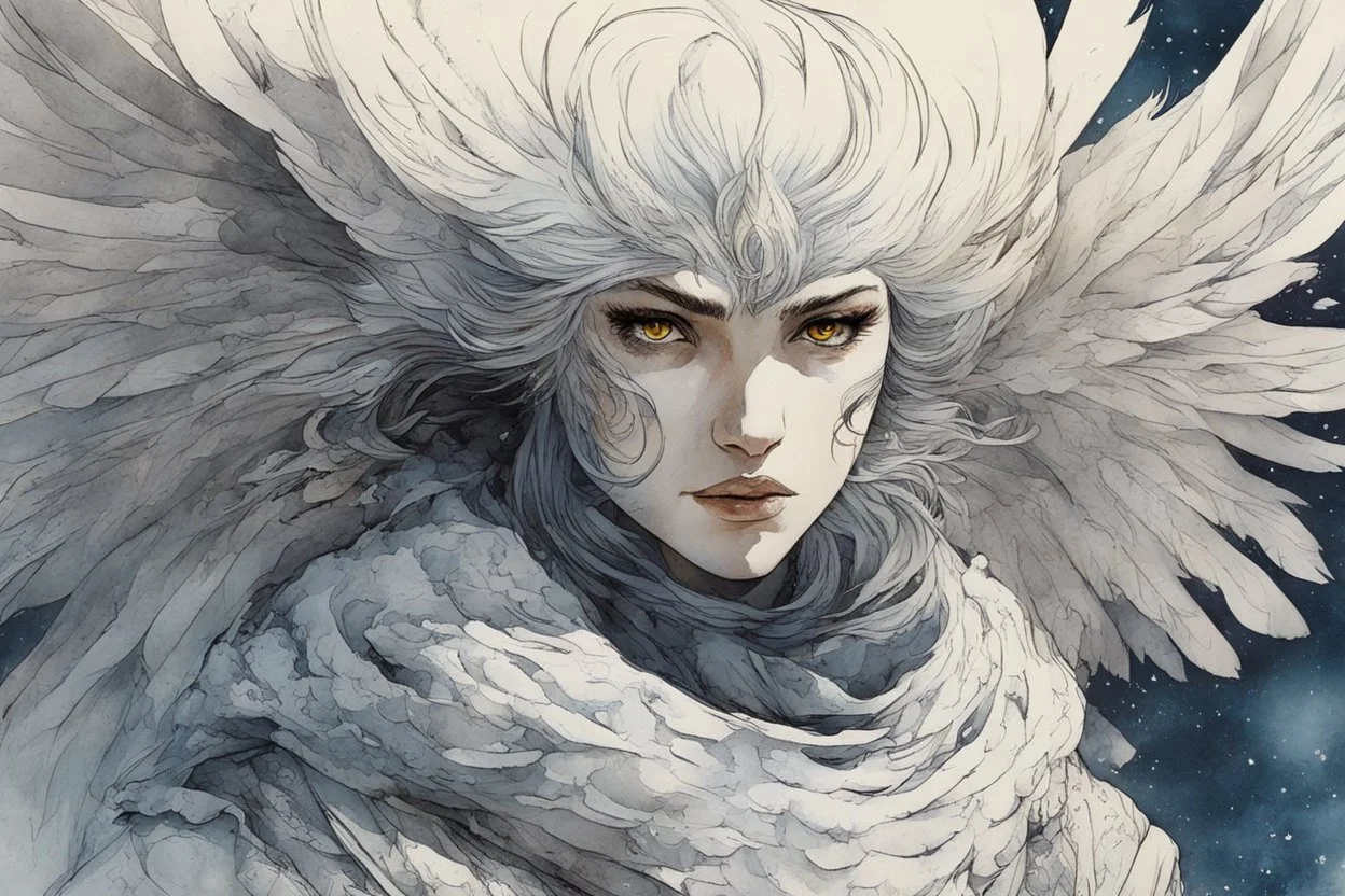 ink wash and watercolor illustration of a whimsical hybrid Snowy Owl girl with highly detailed feathers and facial features in the comic book style of Bill Sienkiewicz and Jean Giraud Moebius, with a fine art aesthetic, highly detailed , boldly inked, 4k UHD cinegraphic quality