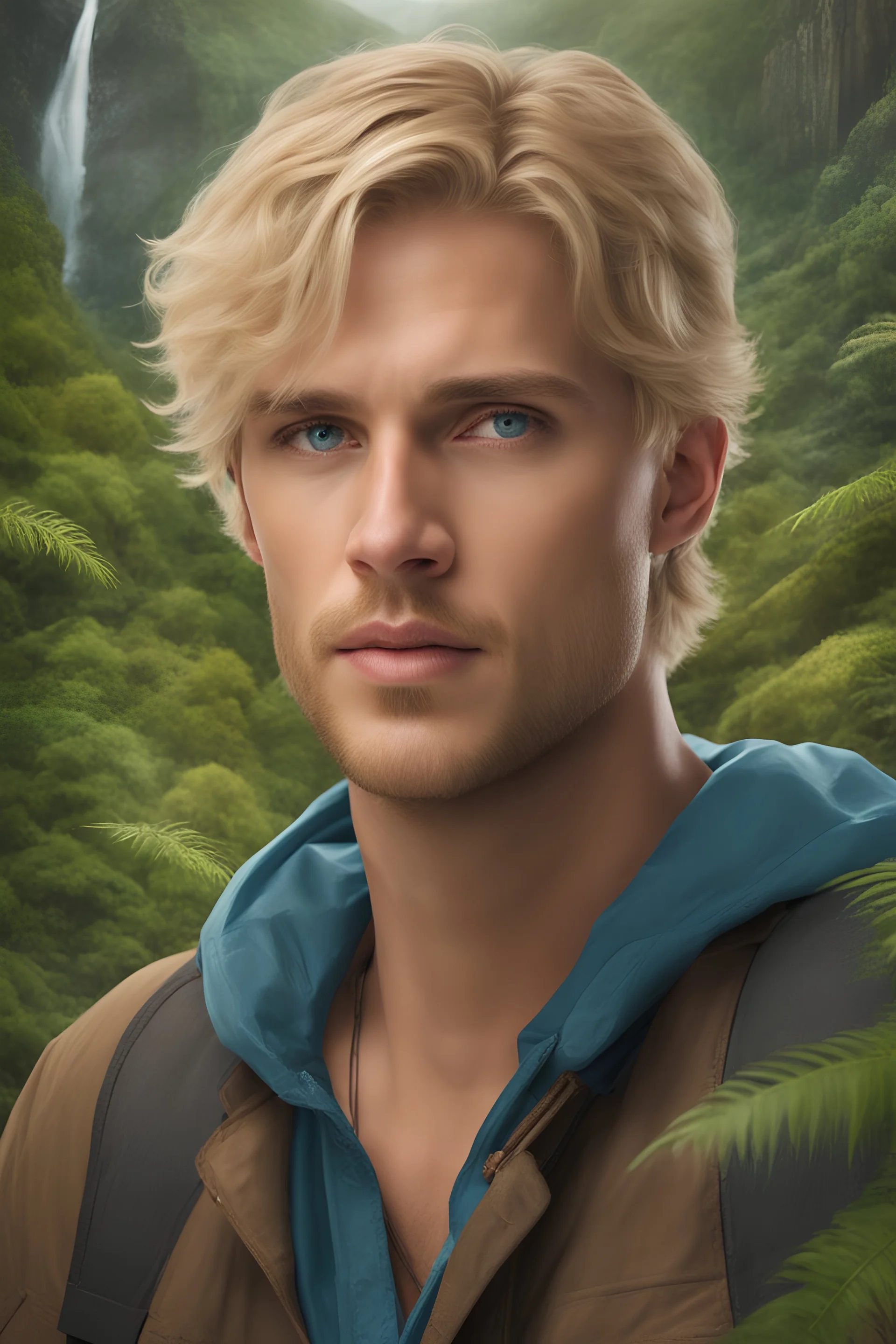 Beautiful blond man, blue eyes, 30 years old, fulfilling challenges inside the wild forest, facing danger, rain, snow, rocks, abysses, waterfalls, mountains, snakes, dinosaurs, bats