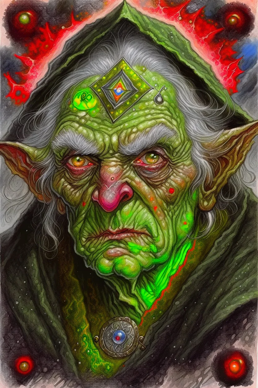 Portrait of a larger than life, mountainous goblin sorcerer, with a giant gem on his forehead, wrinkled green and grey skin, in the style of Artwork by Albert Lynch, sinking deep into bittersweet melancholia, dark angry eyes, 70s psychedelic drawings, alex grey, sense of awe, pale skin, night, dark twisted fantasy, macabre fine art
