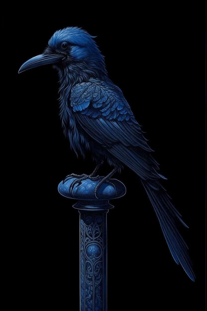 on an old black lamppost, a blue crow is sitting,a golden greenish suspension,diamond dust, on a black background, macrodetalization, carved,filigree drawing of a drawing,fiction,surrealism, hyperdetalization, aesthetically pleasing, beautiful,ink and colored marker drawing, sharpness,1024 k, octane, depth of field