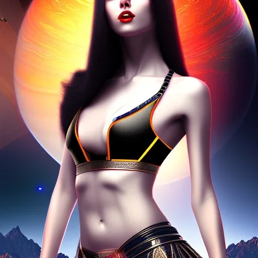 long black hair lady warrior bra with laser blade on Saturn