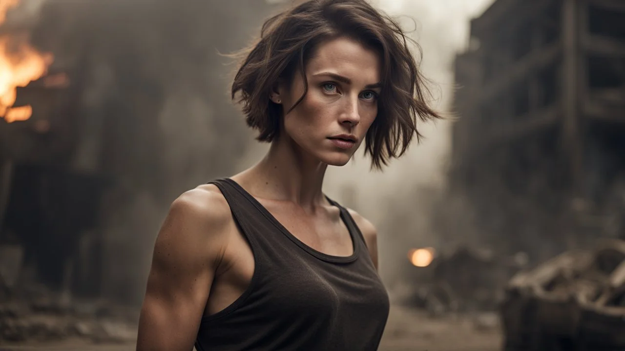 beautiful slender caucasian female technician with a knife, looking away from camera, black tank top, well toned muscles, weathered face, scratched sand camo metal details, short brunette wavy bob haircut, dystopian, postapocalyptic city scene with smoke and explosions. giant robot in the background