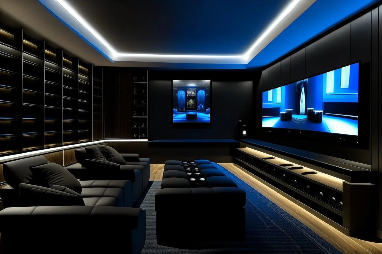 a dedicated home cinema room with LED ambient lighting in the walls