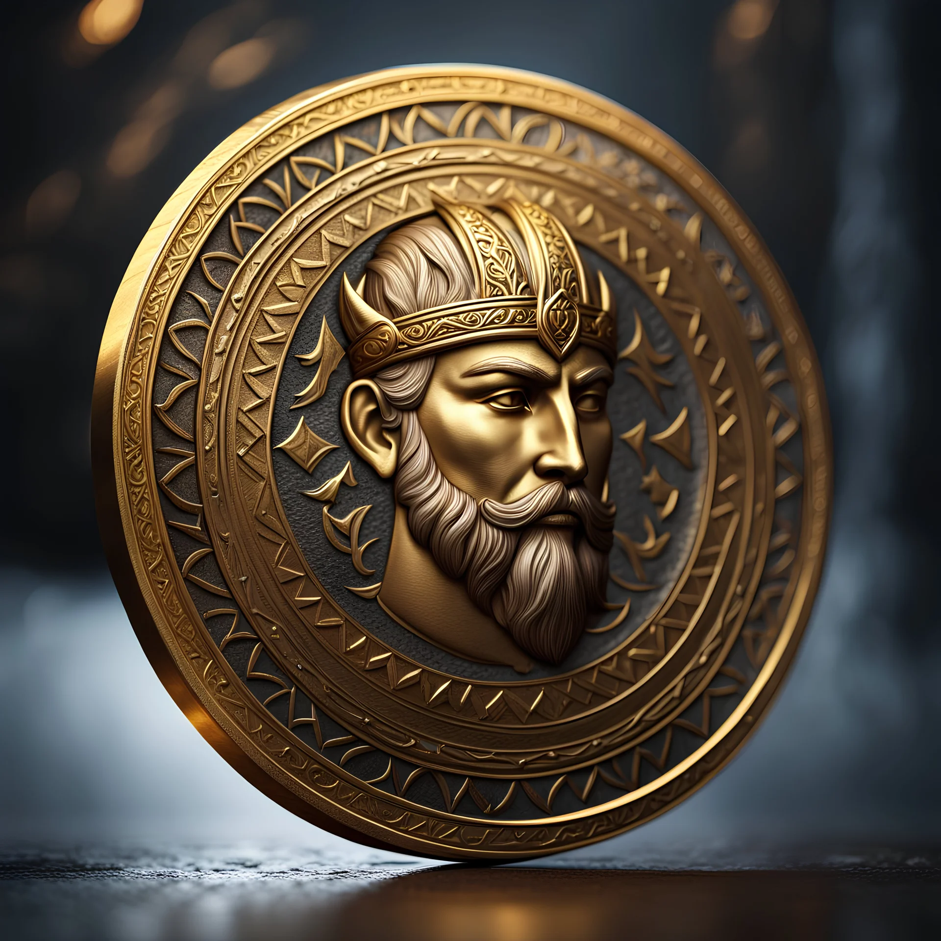 a single gold coin standing on edge. viking design. kings portrait. Named a Gold Sun. show one coin. show whole coin. fantasy concept art, exquisite realism, a masterpiece, dynamic lighting, hyper detailed, intricately detailed, deep color, Unreal Engine, volumetric lighting , Epic cinematic brilliant stunning intricate meticulously detailed dramatic atmospheric maximal,