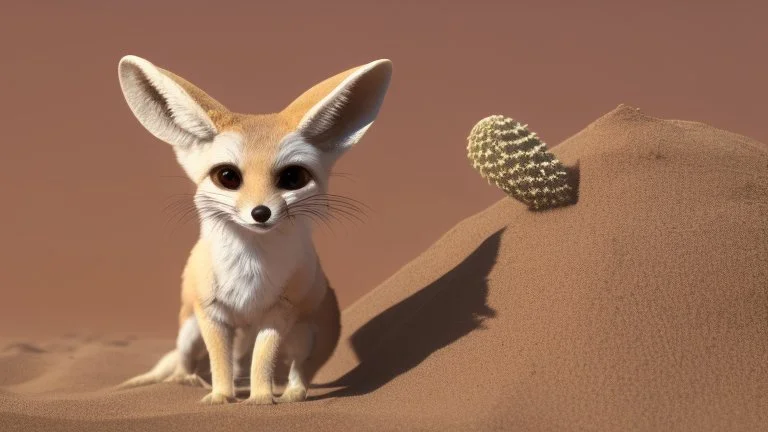 Highly detailed medium shot of a fennec fox, sand, beige, cute, sun, hot, cacti