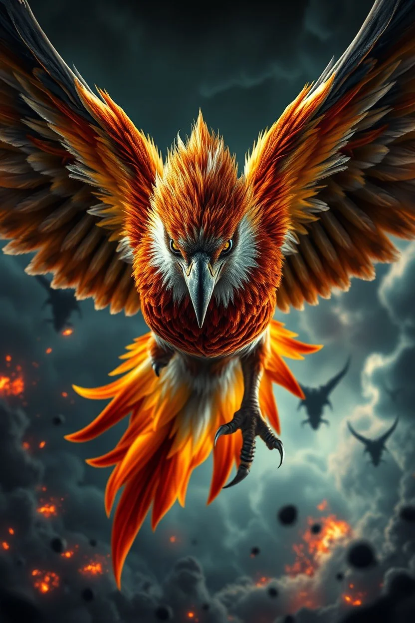 Create a ultra high definition and photorealistic image, 12k quality of a beautiful phoenix, majestic and strength showing, emphasis on texturized claws, upclose with a front view flying towards the camera, centre of an explosive and chaotic background scene of Armageddon where he is followed by demon like dark clouds in persuit trying to grab him, phoenix has striking eyes and determined look, majestic wings folded inwards in flight, bright auburn, black, white, grey and yellow colours, gothic