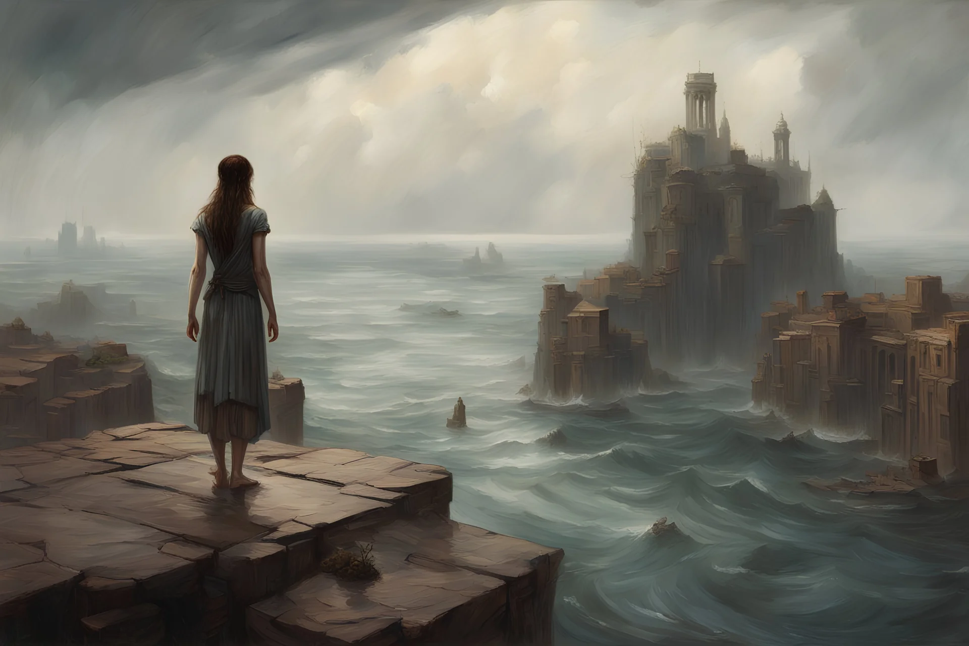 john william waterhouse style, flooded city, some small islands visible in the distance and there is a single human on each of them, seeing everything from a tall cliff