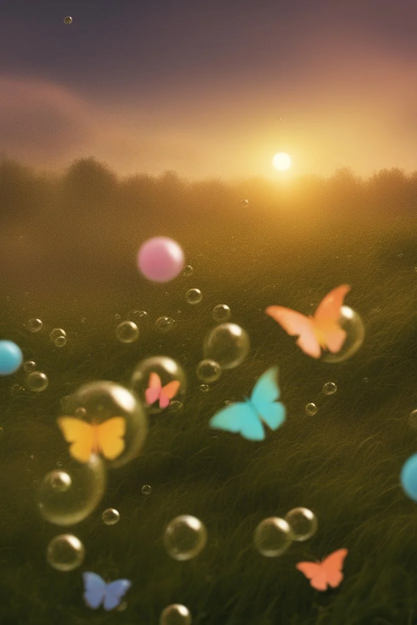 Bubbles and Butterflys flying to the sky at daybreak