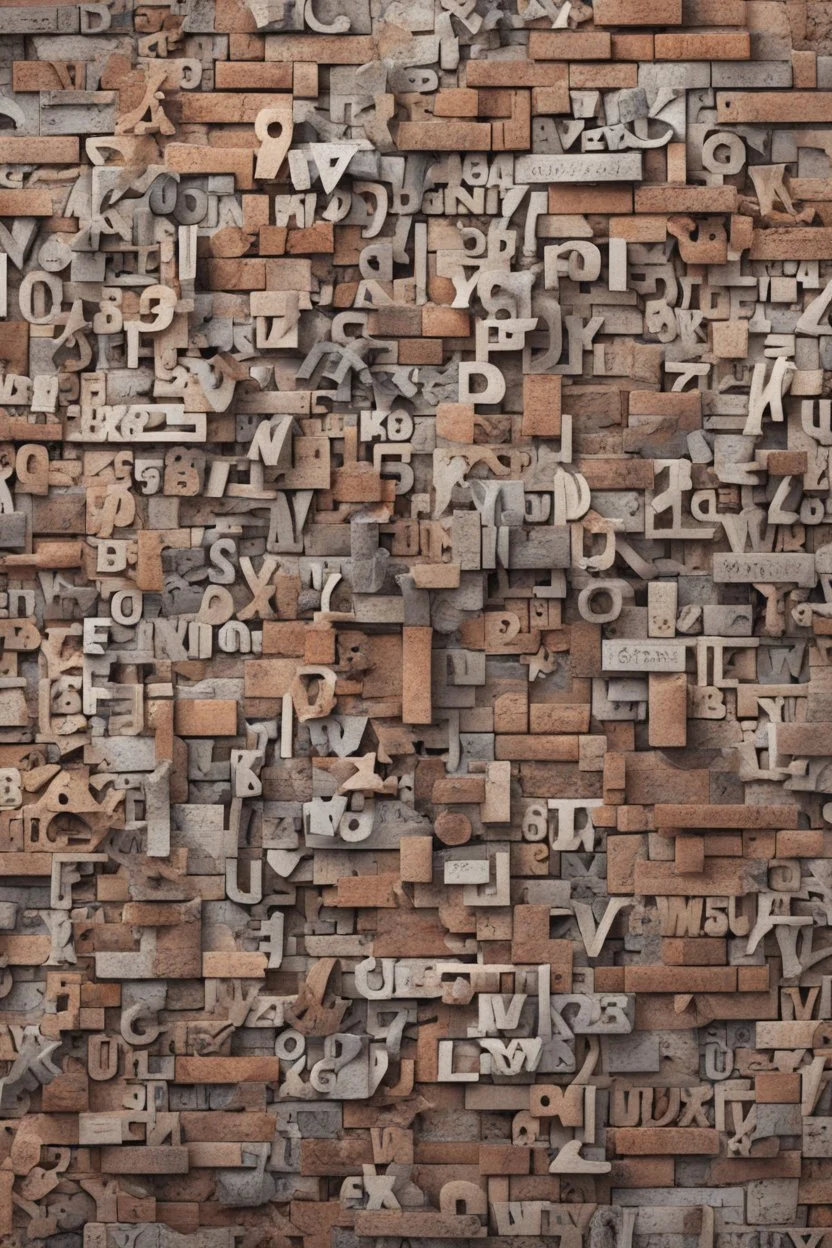 A brick wall made up of words and letters of the English alphabet, Many letters, abstraction. A high-resolution image of 8 K.