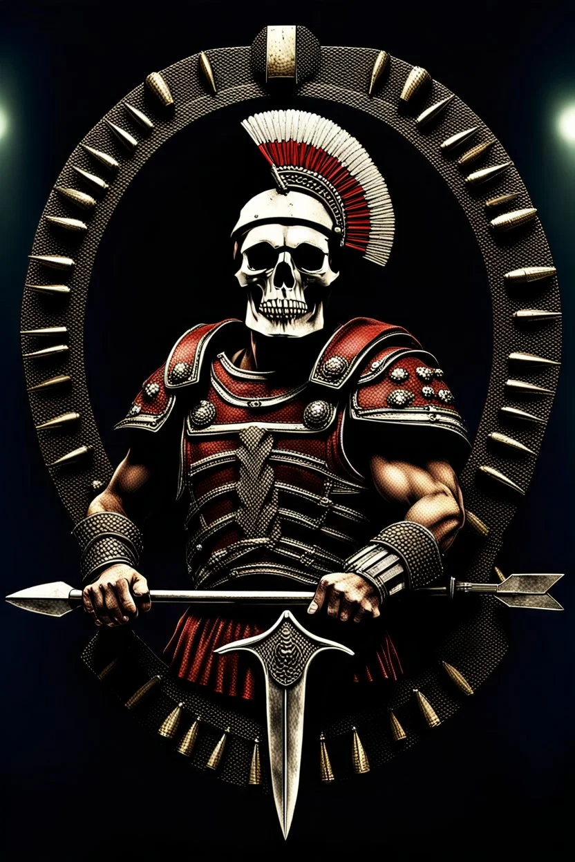 A Roman centurion, transformed into a skull adorned with darts, set against a heavy metal-inspired scene