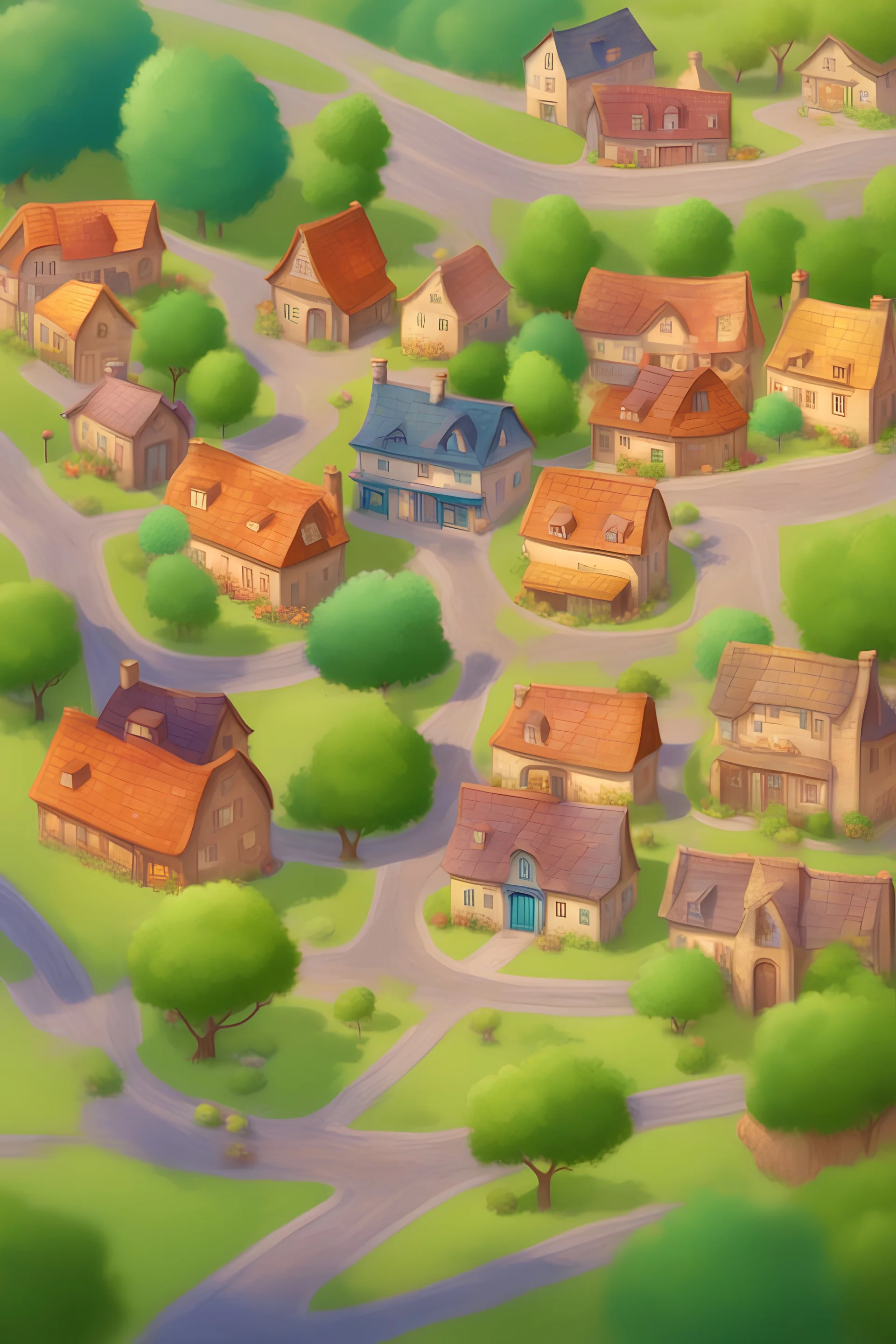 a quaint little town, nestled between green hills and blooming gardens ; bright, vibrant colors; pixar style