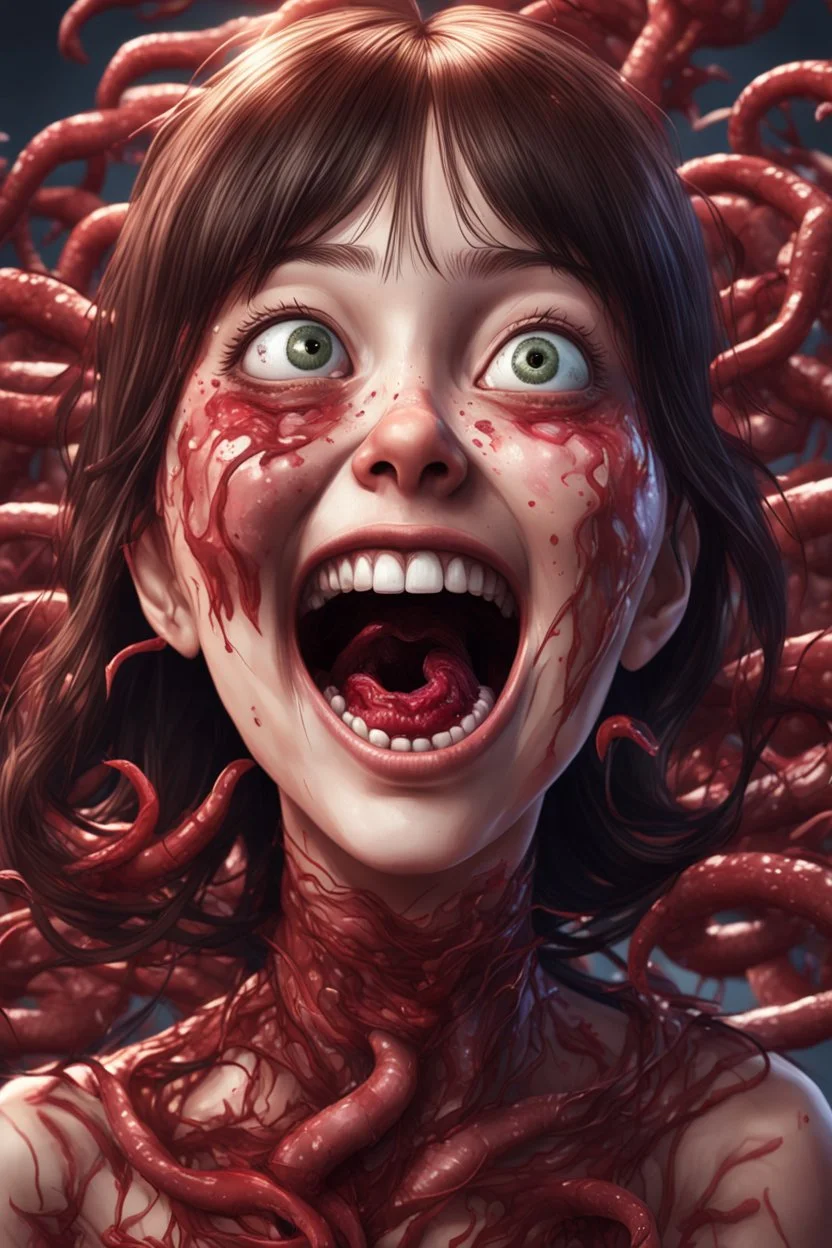 Woman with rare eyes,smiling meanwhile many worms streaming from his mouth, face distorted with pain, screaming, tears streaming, siting pose, fullbody, Junji Ito style, darkred tones,high detailed, 4k resolution, digital paiting, cute, art, no background 3d pixar disney the cinematic FKAA, TXAA, and RTX graphics technology employed for stunning detail.