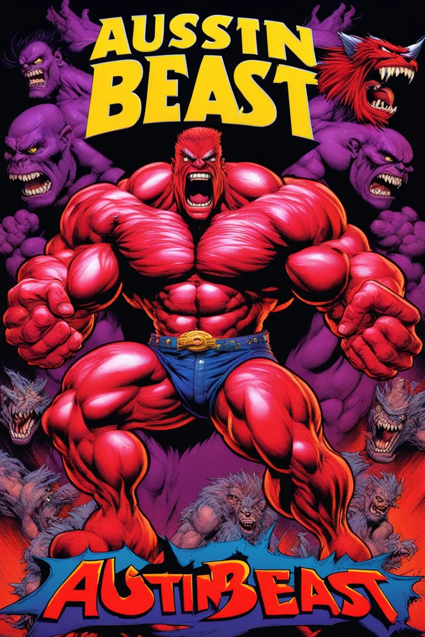 mad crazy wild super head big title with movie poster title: Austin super beast, monster full body muscles more angry and more 90s style, angry fast, extreme, wild, so so so so angry, tough sexy red and purple background with 90s comic style slashes