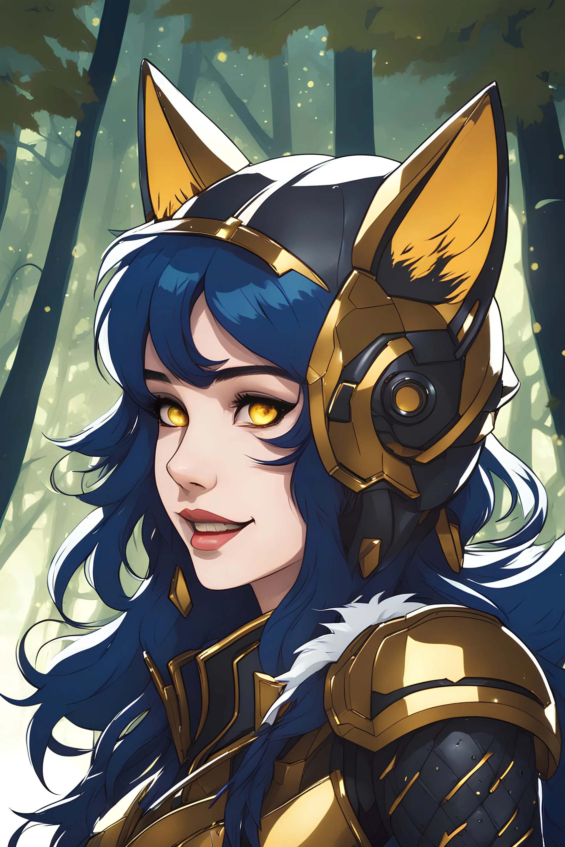 Young woman with midnight blue hair and wolf ears, vivid golden eyes, futuristic leather armor, grinning, fangs, woodland background, RWBY animation style
