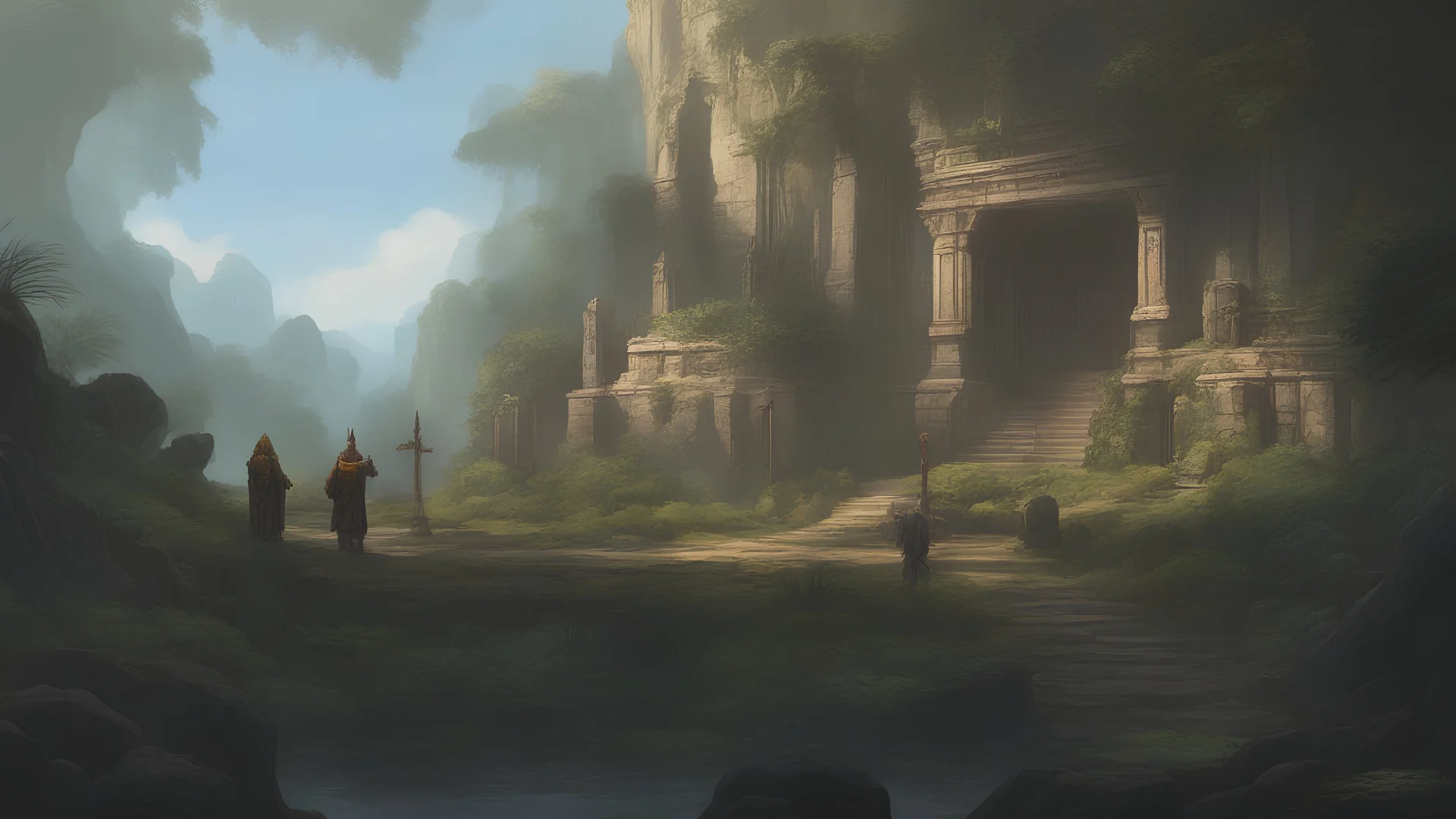 Concept art dwarven temple with dwarven statues in a jungle