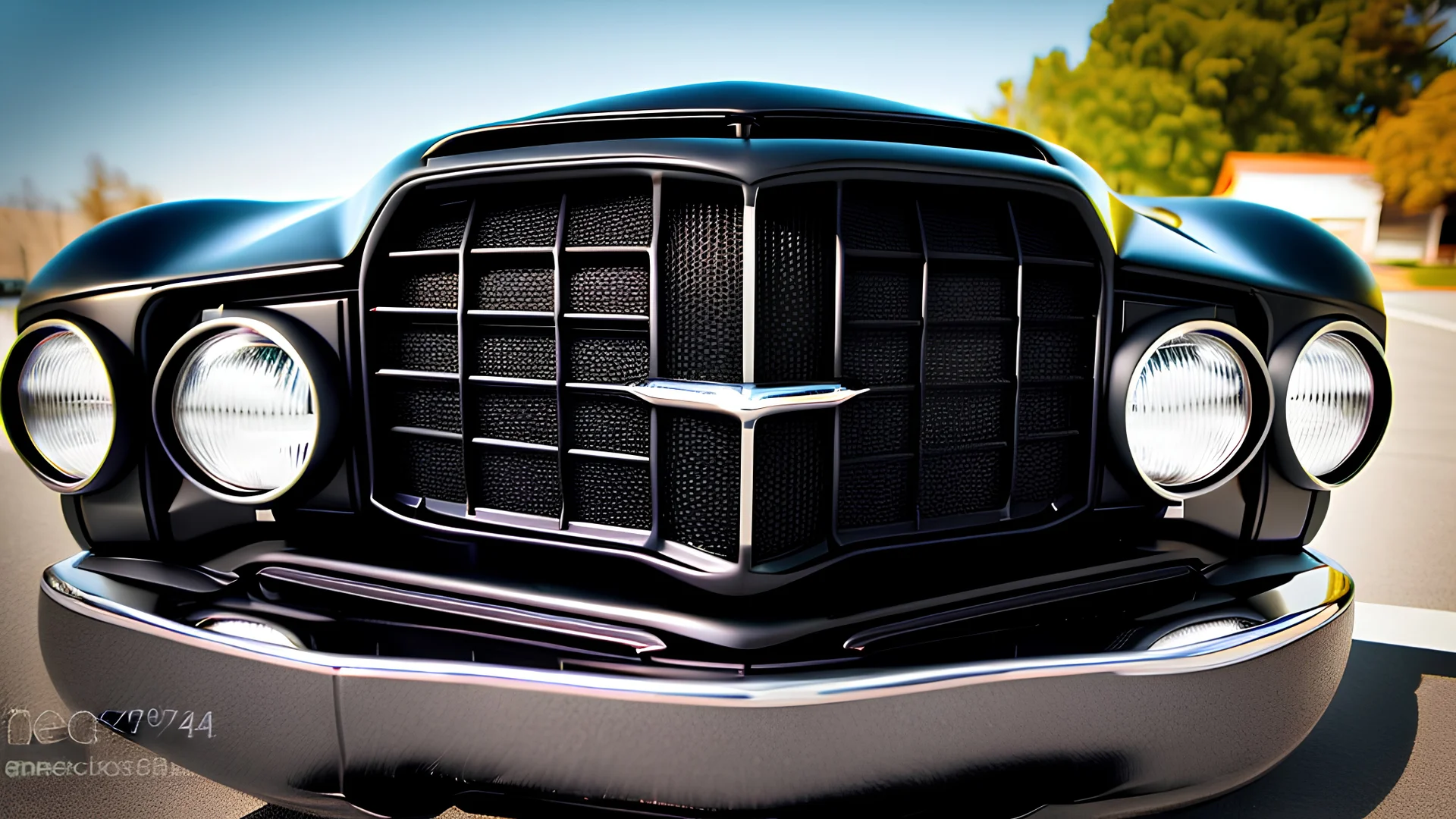 Photograph of a the front grill of a gorgeous, expensive, oldschool black muscle car with a big, black front grill, realistic, stylish, taken up close, symmetrical