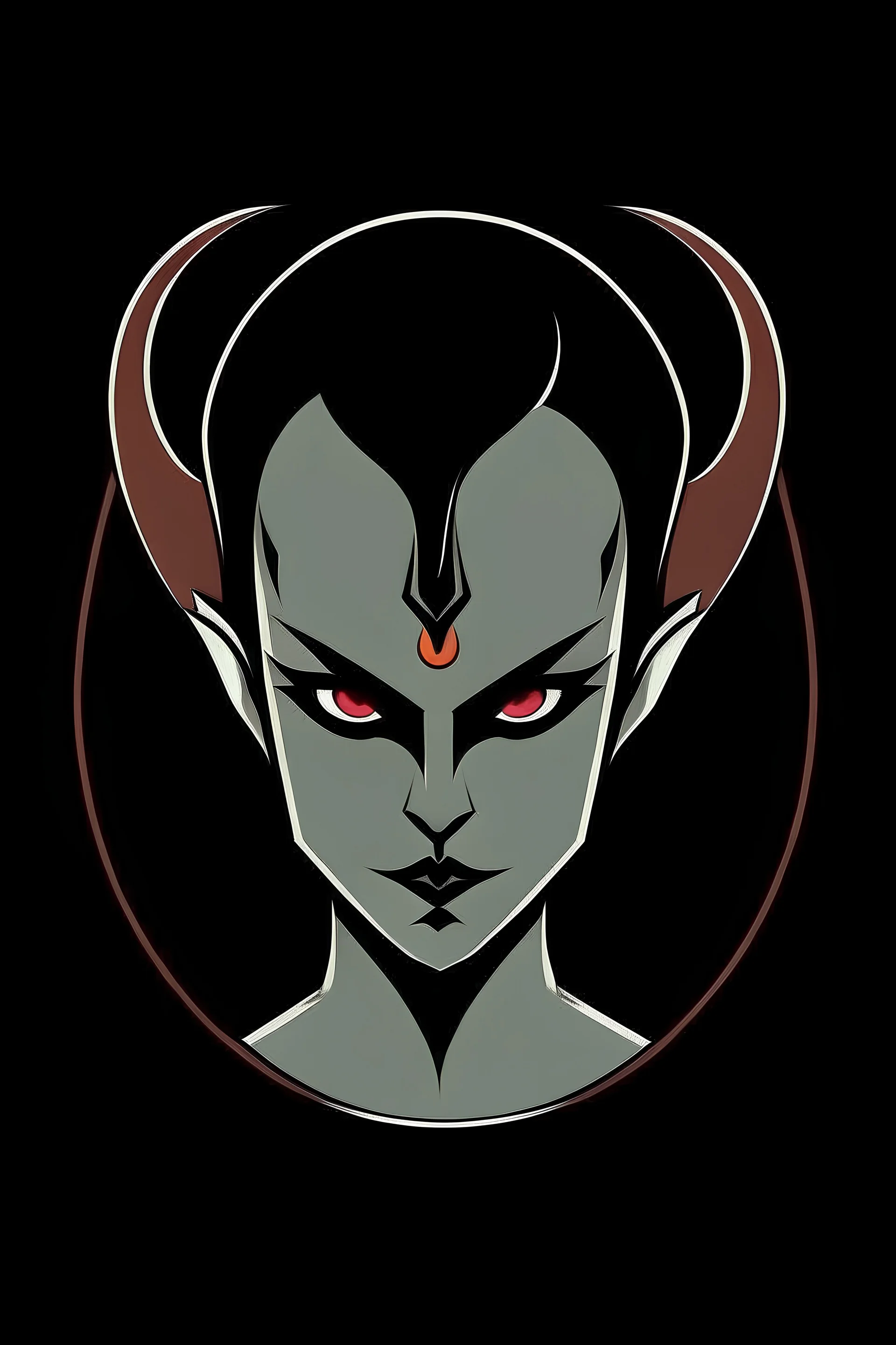 creepy evil androgynous human with small demon horns and no hair. Logo style.