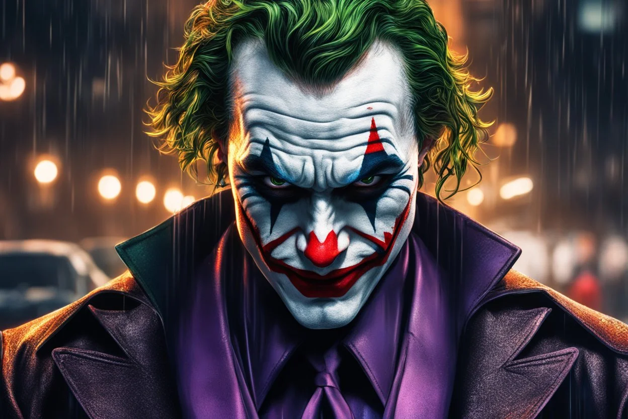 Joker in 8k realistic anime artstyle, Roger that Palestine them, neon effect, close picture, rain, fantasy world, intricate details, highly detailed, high details, detailed portrait, masterpiece,ultra detailed, ultra quality