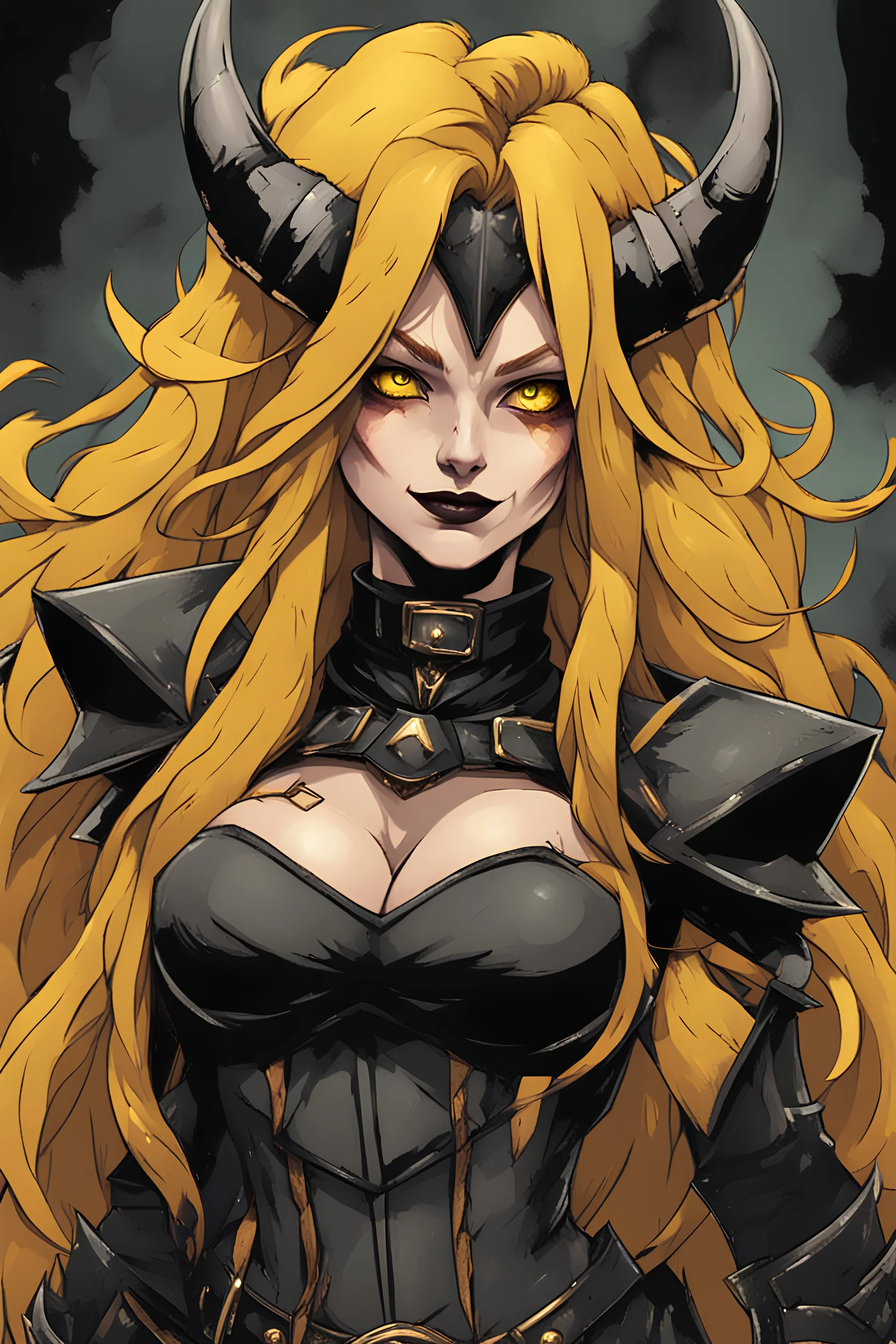 A evil female dark knight with Black sclera, demonic horns, black lips, yellow eyes, long scarlet wavy hair over one eye standing on a battlefield with a evil smile