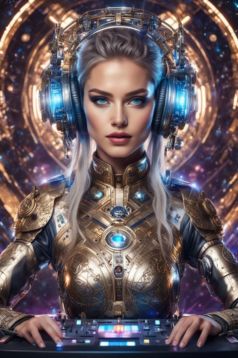 photography front view of super model Russian beautiful woman as dj player,headphones ,dressing mech in transformative style, his metallic skin gleaming with intricate textures and intricate details, captured in an ultra-realistic style that blurs the lines between reality and imagination,cosmic spaceship background